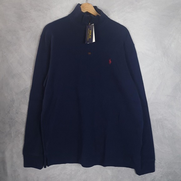 Polo Ralph Lauren Sweater Mens Large Navy Cotton 1/4 Zip Mock Neck Pullover FLAW - Picture 2 of 16